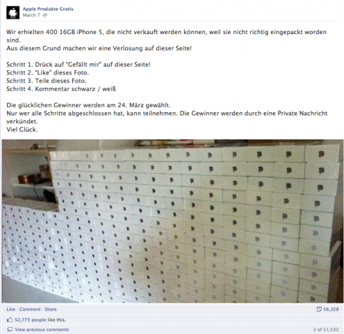 Eine Statusmeldung der Facebook-Seite "Apple Produkte Gratis". Über 56.000 Nutzer haben den Beitrag geteilt. (Screenshot: Golem.de)